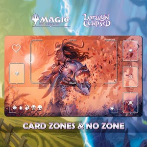 Op de afbeelding: Een Magic: The Gathering speelmat met een fantasie-illustratie van een personage met een zwaard, tegen een oranje en rode achtergrond. De mat bevat kaartzones en de tekst "CARD ZONES & NO ZONE".