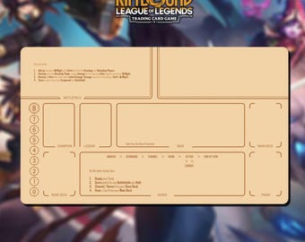 May include: Tan trading card game playmat with the text "RIFTBOUND LEAGUE OF LEGENDS TRADING CARD GAME" at the top. The mat has designated areas for cards, including a battlefield, champion, legend, and rune deck. Instructions are printed on the mat.