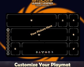 May include: Black playmat with a layout for a trading card game, featuring the text "Riftbound League of Legends Trading Card Game." The mat includes areas for cards and game elements, with the text "Customize Your Playmat."