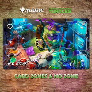 May include: A playmat featuring a Teenage Mutant Ninja Turtle character in a dynamic pose, surrounded by gaming elements. The mat has a green and purple color scheme, with the text "CARD ZONES & NO ZONE" at the bottom. The Magic: The Gathering and Teenage Mutant Ninja Turtles logos are at the top.