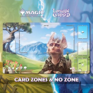 Op de afbeelding: Magic: The Gathering speelmat met een fantasie wezen. De mat heeft een landschapsachtergrond en kaartzones, met de tekst "CARD ZONES & NO ZONE". De Magic: The Gathering en Lorwyn Eclipsed logo's zijn zichtbaar.