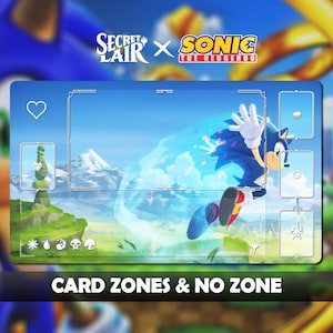 May include: A rectangular playmat featuring Sonic the Hedgehog in action, with a blue and white background. The mat has designated card zones and the text "CARD ZONES & NO ZONE" at the bottom. The Secret Lair x Sonic the Hedgehog logo is at the top.