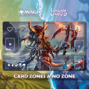Op de afbeelding: Een rechthoekige Magic: The Gathering speelmat met een fantasie-illustratie van een gehoornd wezen met een staf. De mat heeft kaartzones en de tekst "CARD ZONES & NO ZONE". De logo's Magic: The Gathering en Lorwyn Eclipsed zijn zichtbaar.