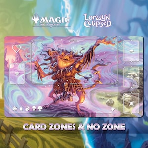 Op de afbeelding: Een Magic: The Gathering speelmat met een fantasievolle creatuur in het midden, tegen een wervelende, kleurrijke achtergrond. De mat bevat kaartzones en de tekst "CARD ZONES & NO ZONE". De logo's Magic: The Gathering en Lorwyn Eclipsed zijn zichtbaar.