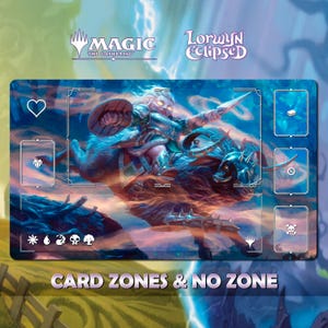 Op de afbeelding: Een rechthoekige Magic: The Gathering speelmat met een fantasie-illustratie van een krijger die op een beest rijdt. De mat heeft kaartzones en de tekst "CARD ZONES & NO ZONE". De logo's Magic: The Gathering en Lorwyn Eclipsed zijn zichtbaar.