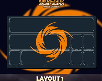 May include: A dark blue trading card game playmat with an orange spiral design in the center. The mat has labeled zones for gameplay, including "Rune Deck," "Base," and "Main Deck." The text "LAYOUT 1" is at the bottom.