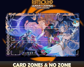 May include: A Riftbound League of Legends trading card game playmat. The mat features a colorful illustration of characters with a dark blue background. The text "CARD ZONES & NO ZONE" is at the bottom. The League of Legends logo is at the top.