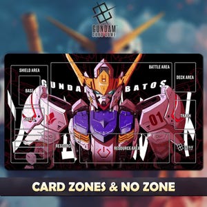 May include: Black playmat featuring a Gundam robot design with the text "GUNDAM CARD GAME." The mat has designated areas for play, including "SHIELD AREA," "BATTLE AREA," and "DECK AREA." The design incorporates purple, white, and gold accents.