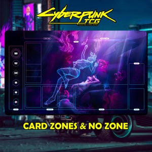May include: A rectangular playmat for the Cyberpunk TCG featuring a dark purple and blue neon illustration of two figures. The layout includes designated zones for cards, a dice tracker, and labels such as Rival Side, Friendly Side, and Trash.