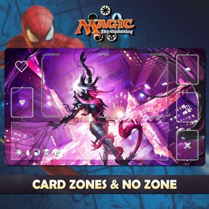 May include: A Magic: The Gathering playmat featuring a purple and black illustration of a character with a cityscape background. The mat includes card zones and the text "CARD ZONES & NO ZONE". The Spider-Man logo is in the background.
