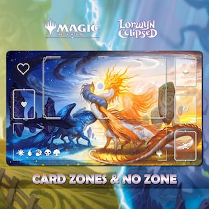 Op de afbeelding: Een rechthoekige speelmat met een fantasiekunstontwerp. Het toont een blauw en oranje draakachtig wezen. De mat heeft zones voor kaarten en de tekst "CARD ZONES & NO ZONE". De logo's Magic: The Gathering en Lorwyn Eclipsed zijn zichtbaar.