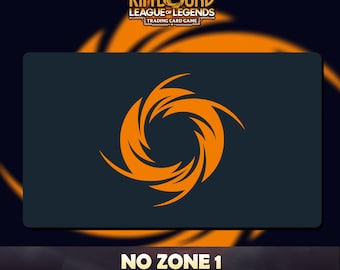 May include: A rectangular playmat for the Riftbound League of Legends trading card game. The mat is dark blue with an orange spiral design in the center. The text "NO ZONE 1" is at the bottom.