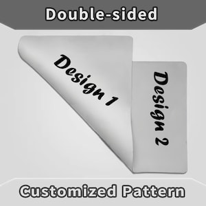 May include: A graphic illustrating a double-sided design concept. The image shows two rectangular elements, one partially peeled back, displaying the text "Design 1." The second rectangle shows "Design 2." The words "Customized Pattern" are also present.