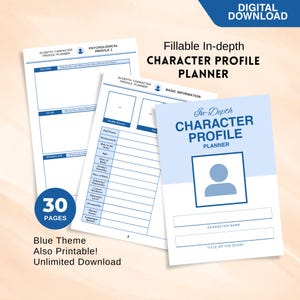 Fillable In-Depth Character Profile Planner | Digital & Printable PDF | Minimal Blue Novel Writing Workbook for Authors | OC Worksheet Bio