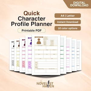 Planificador rápido de perfil de personaje, hoja de escritura de personajes digital e imprimible, plantilla de perfil de elenco para escritor, hoja de trabajo para desarrollar personajes