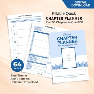 Fillable Quick Chapter Planner for Writers, Digital & Printable Novel Outline, Chapter Plotting, Story Structure, Blue Writing Organizer