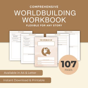 Könnte beinhalten: Ein umfassendes Worldbuilding-Arbeitsbuch mit beigem Cover und Globus-Grafik. Das Arbeitsbuch enthält Seiten für wichtige Orte, Regionen-Tiefenanalysen und die Welt auf einen Blick. Der Text lautet "Flexible für jede Geschichte" und "107 Seiten".