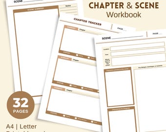 Puede incluir: Un conjunto de páginas de papel blanco con bordes marrones y texto. Las páginas están etiquetadas como "Scene Summary", "Chapter Tracker" y "Scene". El texto "In-depth Chapter & Scene Workbook" está en la parte superior. La imagen también incluye el texto "32 Pages" y "A4 | Letter Printable and Instant Download."