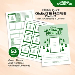 Planificador de perfil de personaje rápido y rellenable, plantilla de novela digital e imprimible en PDF, herramienta de escritura de libros para autores, hoja OC verde, biografía OC