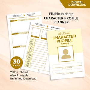 Puede incluir: Un planificador de perfil de personaje de color amarillo con 30 páginas, diseñado para el desarrollo profundo de personajes. El planificador incluye secciones para información básica, deseos, miedos y más. El texto de la portada dice "Character Profile Planner".