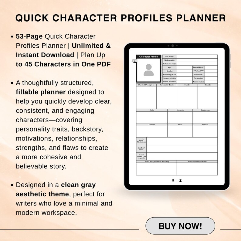 Fillable Quick Character Profile Planner, Digital & Printable Novel ...