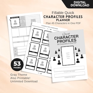 Könnte beinhalten: Ein digitaler Download eines Charakterprofilplaners. Auf dem Cover steht "Quick Character Profiles" und "Planen Sie 45 Charaktere in einer PDF-Datei". Der Planer enthält Charakterbögen, eine Charakterübersicht und ein graues Thema. Das Bild zeigt auch "Auch druckbar!" und "Unbegrenzter Download."
