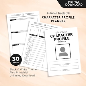 Planilha detalhada e preenchível para criação de personagens | PDF digital e para impressão, caderno de exercícios minimalista em preto e branco para autores de romances, ficha de personagem original.