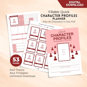 Puede incluir: Una descarga digital de un planificador de perfiles de personajes con un tema rojo. El planificador incluye perfiles de personajes rellenables y páginas de descripción general de personajes. La portada dice "Quick Character Profiles" y "Plan 45 Characters in One PDF".