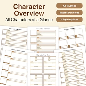 Può includere: Una raccolta di modelli di panoramica dei personaggi in vari layout. Il testo sui modelli include "Character Overview" e "All Characters at a Glance". I modelli sono in tonalità di bianco e marrone. L'immagine include anche il testo "A4 | Letter", "Instant Download" e "6 Style Options".