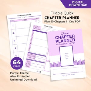 Puede incluir: Un planificador de capítulos morado con el texto "Quick Chapter Planner" y "Plan 50 Chapters in One PDF". El planificador incluye páginas para resúmenes de capítulos, puntos clave de la trama y páginas de personajes. Es una descarga digital con 64 páginas.