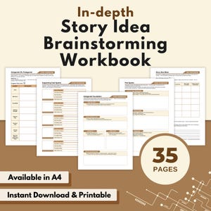 Op de afbeelding: Een werkboek getiteld "In-depth Story Idea Brainstorming Workbook" met 35 pagina's. De omslag toont de titel in vette zwarte letters. Het werkboek is beschikbaar in A4-formaat en is direct te downloaden en af te drukken.