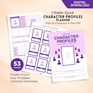 Puede incluir: Una descarga digital de un planificador de perfiles de personajes con un tema púrpura. El planificador incluye perfiles de personajes rellenables, páginas de descripción general de personajes y una portada. El planificador está diseñado para planificar 45 personajes y tiene 53 páginas.