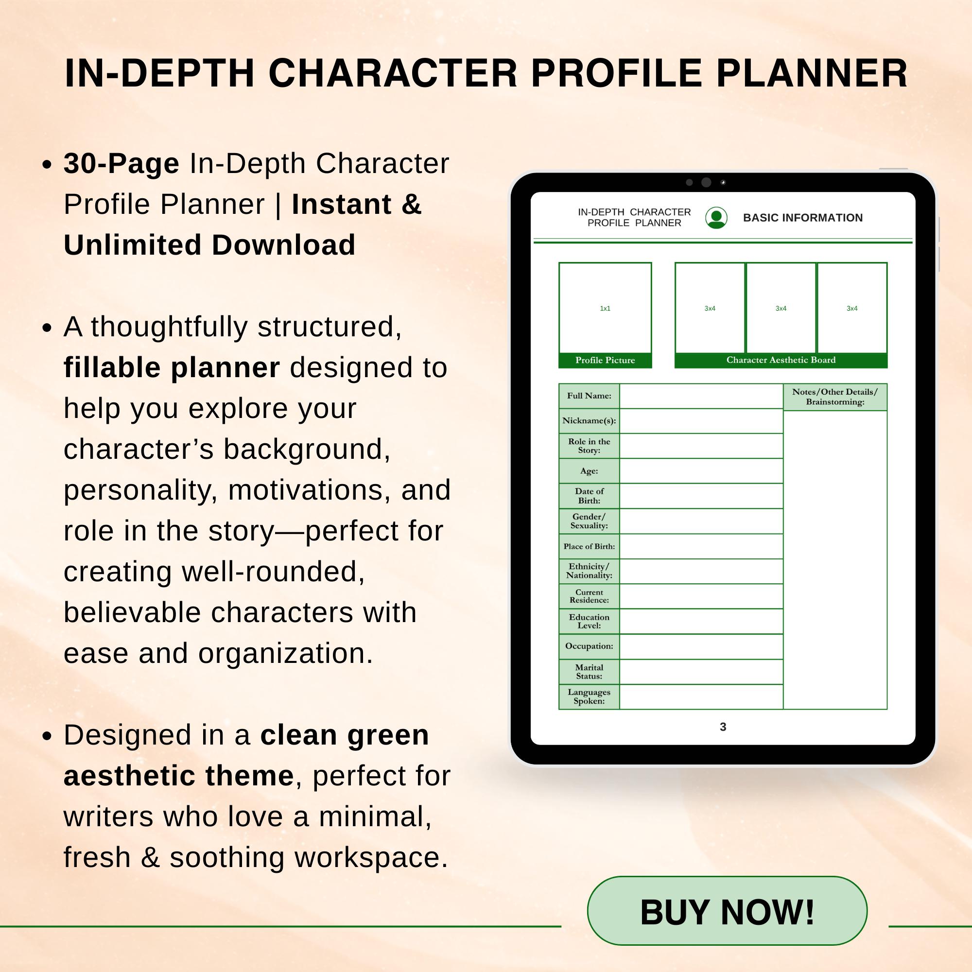Fillable In-depth Character Profile Planner | Digital & Printable PDF ...