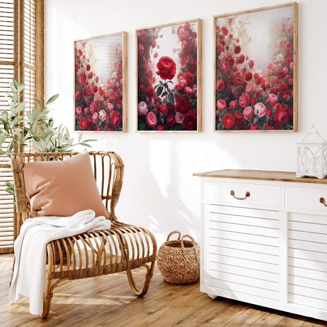 Abstract Red Rose Art Print Set | Modern Floral Wall Decor - Etsy