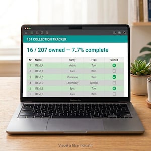 Peut inclure: Un écran d'ordinateur portable affichant une interface 151 Collection Tracker avec une barre de progression indiquant 16 / 207 possédés et 7,7% complet. Le tableau liste des éléments avec des colonnes pour le nom, la rareté et le type.