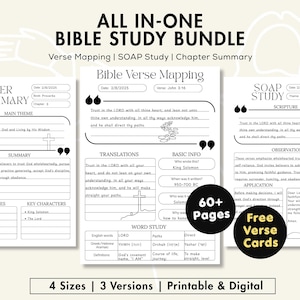 May include: A black and white digital Bible study bundle featuring three printable templates titled Chapter Summary, Bible Verse Mapping, and SOAP Study. The pages include sections for dates, themes, scripture, observations, and prayer, with 60+ pages total.
