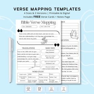 May include: A white printable Bible verse mapping template featuring sections for translations, basic info, and word study. The document includes text fields for dates, verses, and notes, with a dove and cross illustration. A white pen is positioned to the left.