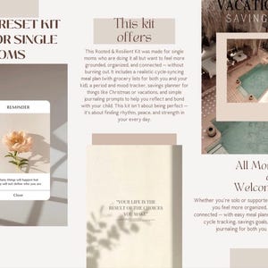 Puede incluir: Folleto titulado "A Reset Kit for Single Moms" con texto e imágenes. El folleto incluye una tarjeta de recordatorio con una flor, una sección sobre lo que ofrece el kit y una sección con el texto "All Moms are Welcome".