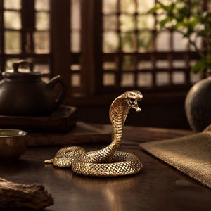 May include: A metallic gold-coloured cobra figurine in a coiled position with its hood flared and mouth open. The surface of the snake features a detailed, textured scale pattern across its entire body, reflecting light with a polished finish.