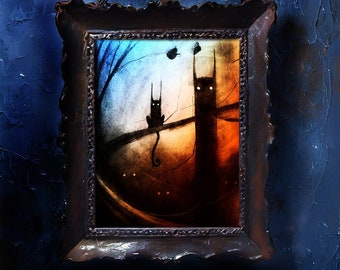 Gathering of Colorful Cats Art Print, Spooky Wall art for home, Creepy cats Gift Idea