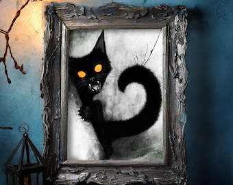 Eerie Black Cat Wall Art Halloween Gothic Decor, Creepy Cat