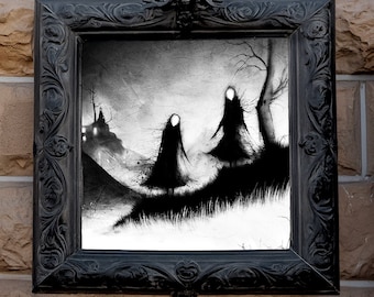 Szepty na polu – mroczny wydruk artystyczny, dekoracja w stylu gotyckiego horroru, ilustracja z autografem 10x10