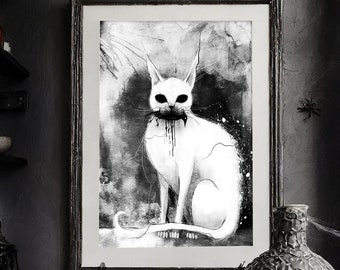 White Cat Enjoying a Meal Art Print, Wall art for home, Creepy Cat Gift ideas