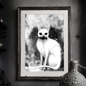 White Cat Enjoying a Meal Art Print, Wall art for home, Creepy Cat Gift ideas