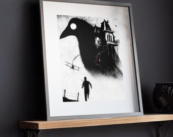 Impression d'art Alfred Hitchcock en édition limitée - pièce de collection signée et numérotée - illustration de film d'horreur sombre - cadeau film classique