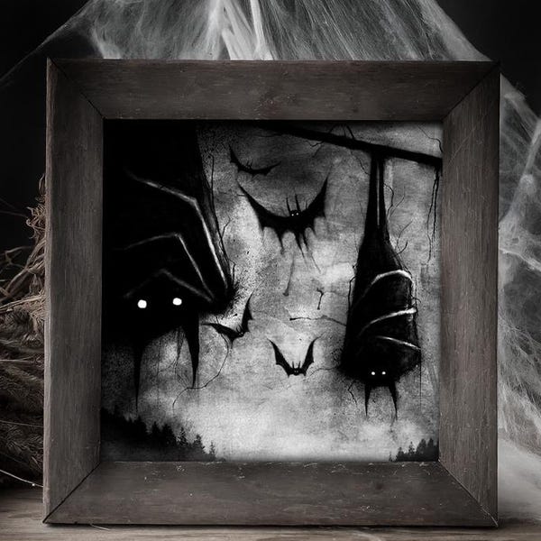 Mysterious Bat Colony Dark Art Print, Spooky Wall Decoration, Horror Bat Gift