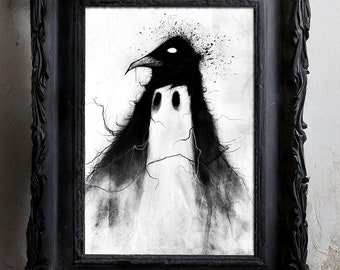 May include: A black and white illustration of a ghostly figure with a crow's head and a white, ethereal body. The figure is surrounded by a dark, swirling mist.