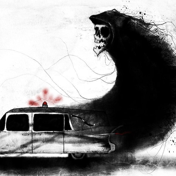 Grim Reaper with Hearse, Art Print, Wall art for home, Macabre Art