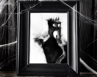 Puede incluir: Dibujo en blanco y negro de una torre con una puerta y una figura caminando hacia ella. La torre está rodeada de árboles y un paisaje brumoso. El dibujo está enmarcado en un marco negro.
