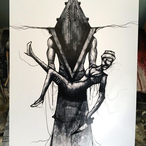 Captivating psychedelic art print featuring Pyramid Head and the Silent Hill Nurse. Unique and mind-bending reimagining of iconic Silent Hill horror figures in vibrant colors. High-quality 9x12 print on premium gloss cover stock, signed for authenticity. Perfect wall art for Silent Hill fans, horror enthusiasts, and collectors of unique video game and movie art.